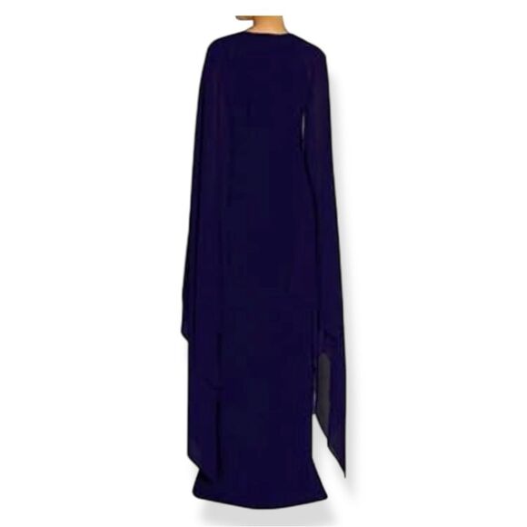 Evening Gown Chiffon Cape Sleeve Maxi Dress Slit Dark Blue Size Large NWOT - Picture 10 of 14